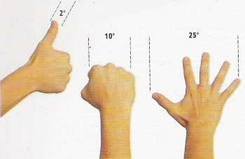 La mano abierta son 25º, el puño 10º y el dedo pulgar 2º La mano abierta son 25º, el puño 10º y el dedo pulgar 2º